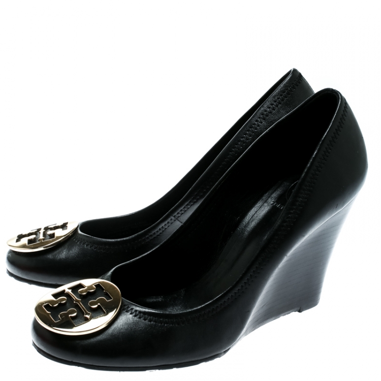 Pre Owned Tory Burch Black Leather Sally Wedge Pumps Size 38.5