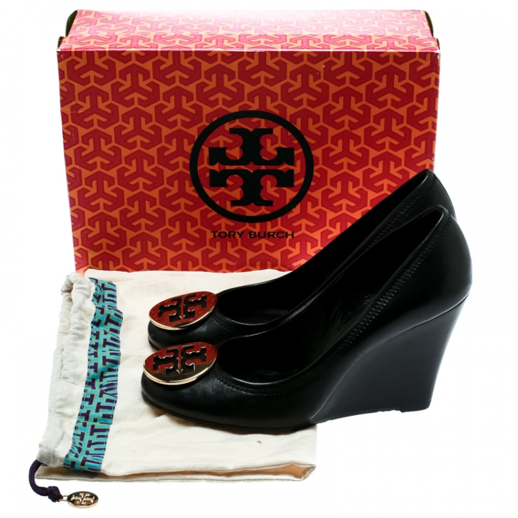Pre Owned Tory Burch Black Leather Sally Wedge Pumps Size 38.5