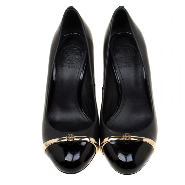 Pre Owned Tory Burch Black Leather Cap Toe Pacey Pumps Size 36
