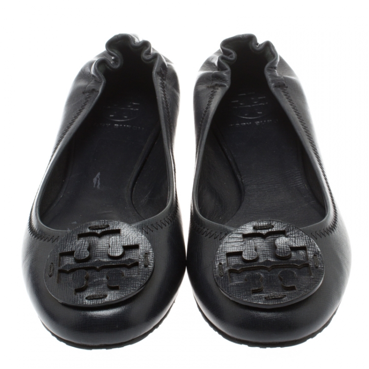 Pre Owned Tory Burch Grey Leather Minnie Scrunch Ballet Flats Size 38.5