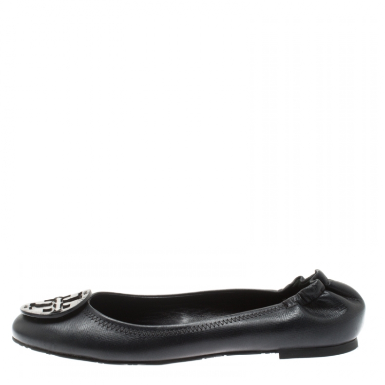 Pre Owned Tory Burch Grey Leather Minnie Scrunch Ballet Flats Size 38.5