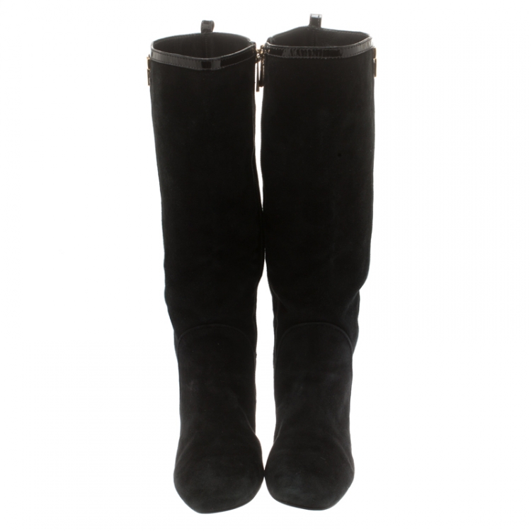 Pre Owned Tory Burch Black Suede And Patent Leather Trim Knee Length Boots Size 38