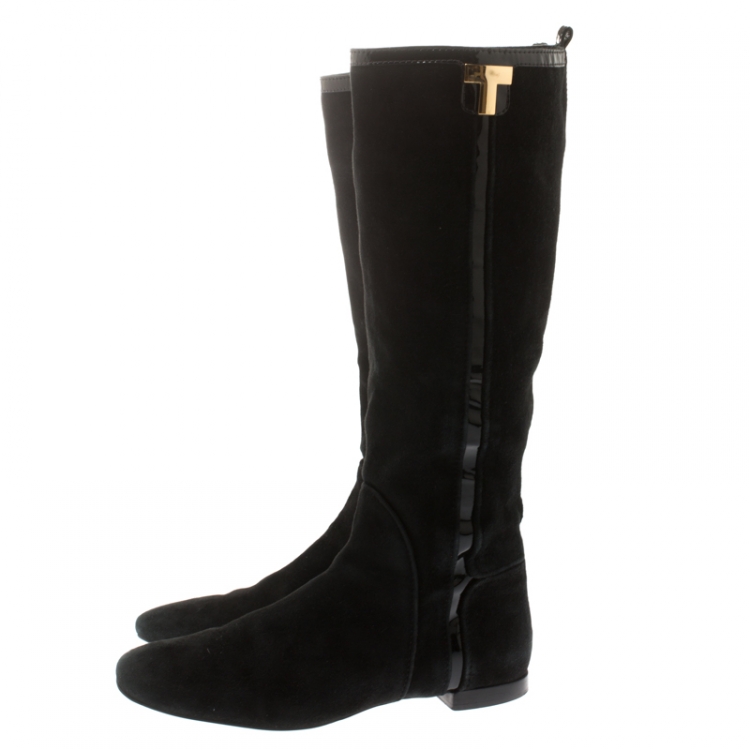 Pre Owned Tory Burch Black Suede And Patent Leather Trim Knee Length Boots Size 38