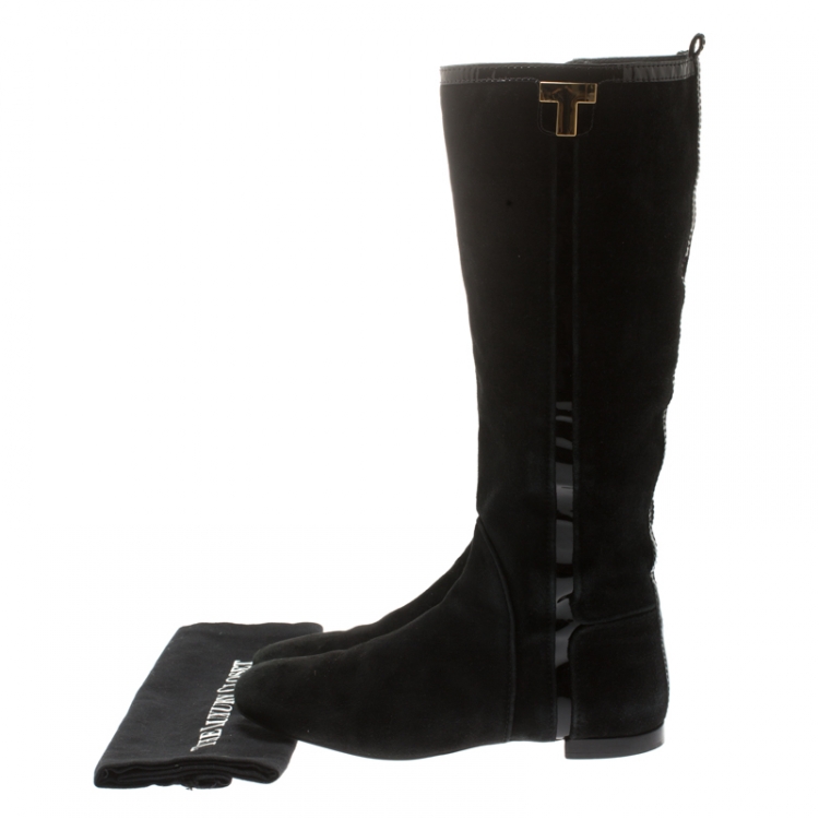 Pre Owned Tory Burch Black Suede And Patent Leather Trim Knee Length Boots Size 38