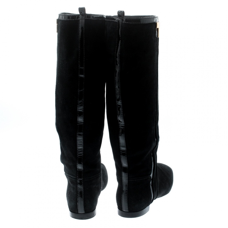 Pre Owned Tory Burch Black Suede And Patent Leather Trim Knee Length Boots Size 38