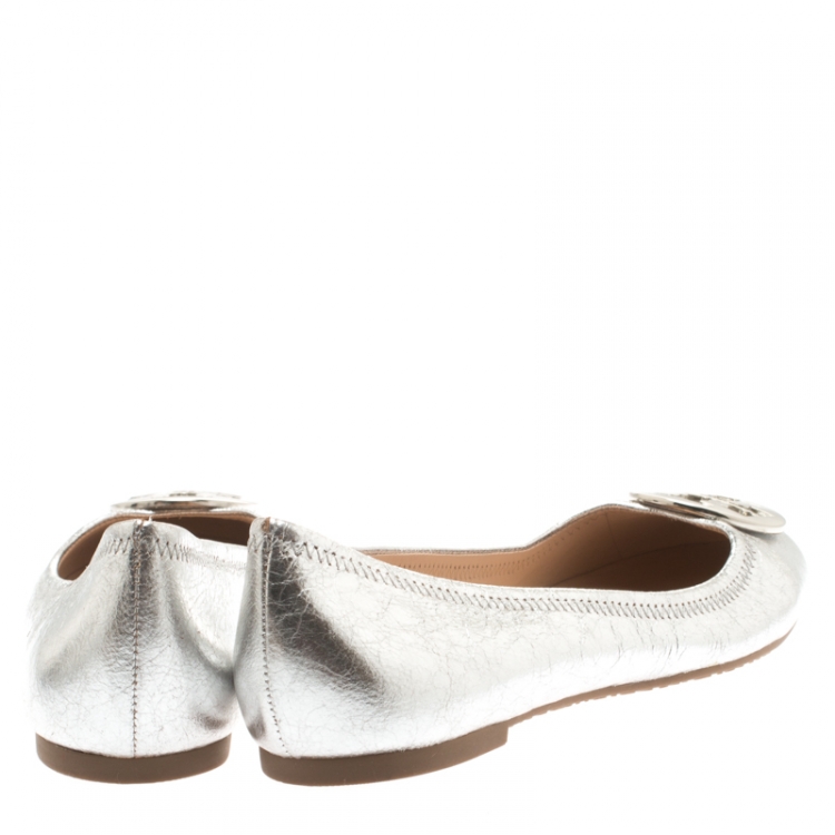 Pre Owned Tory Burch Silver Leather Reva Ballet Flats Size 39