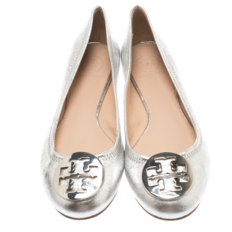 Pre Owned Tory Burch Silver Leather Reva Ballet Flats Size 39