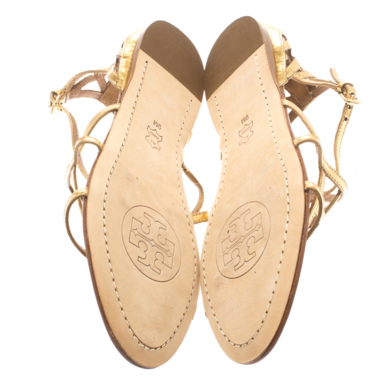 Pre Owned Tory Burch Gold Cage Patent Leather Amalie Flat Sandals Size 39