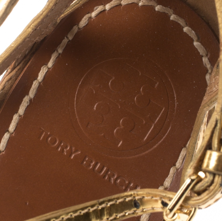 Pre Owned Tory Burch Gold Cage Patent Leather Amalie Flat Sandals Size 39