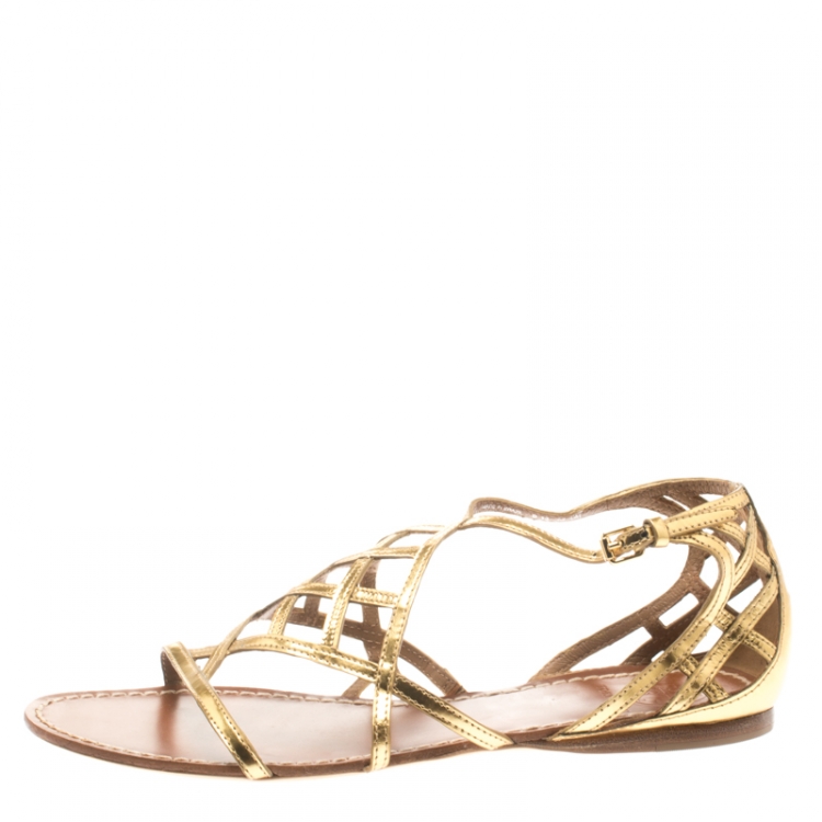 Tory Burch Gold Cage Patent Leather Amalie Flat Sandals Size 39 Tory Burch  | TLC