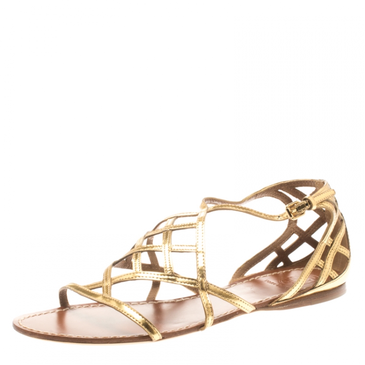 Tory Burch Gold Cage Patent Leather Amalie Flat Sandals Size 39 Tory Burch  | TLC