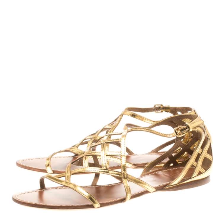 Pre Owned Tory Burch Gold Cage Patent Leather Amalie Flat Sandals Size 39