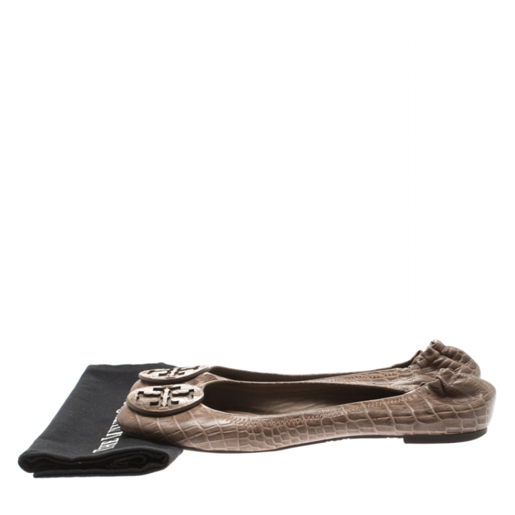 Pre Owned Tory Burch Beige Croc Embossed Leather Reva Scrunch Ballet Flats Size 39.5