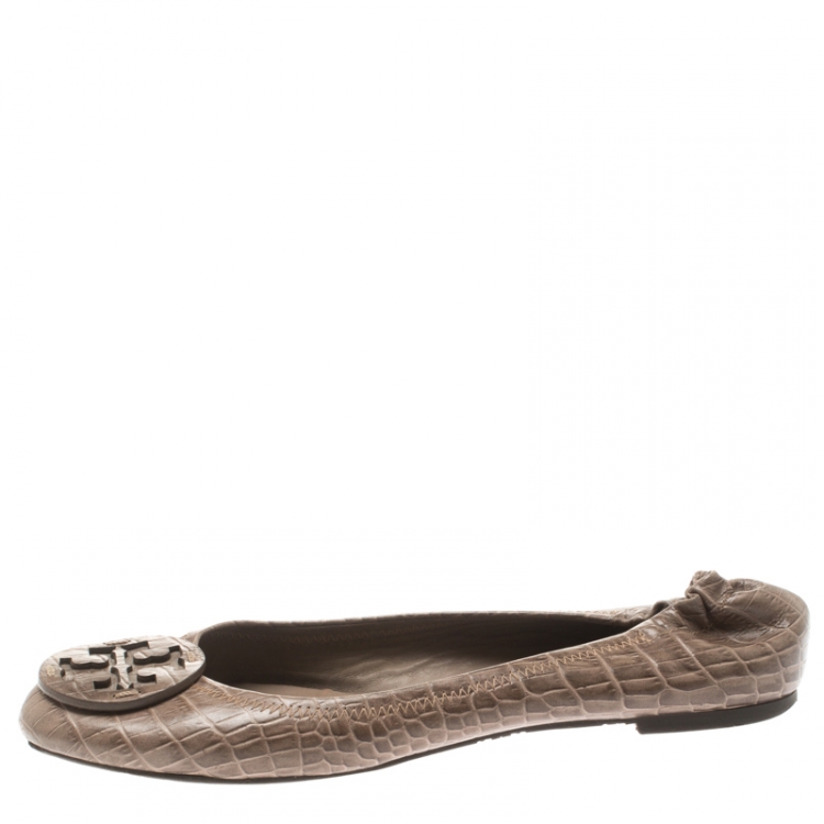 Pre Owned Tory Burch Beige Croc Embossed Leather Reva Scrunch Ballet Flats Size 39.5