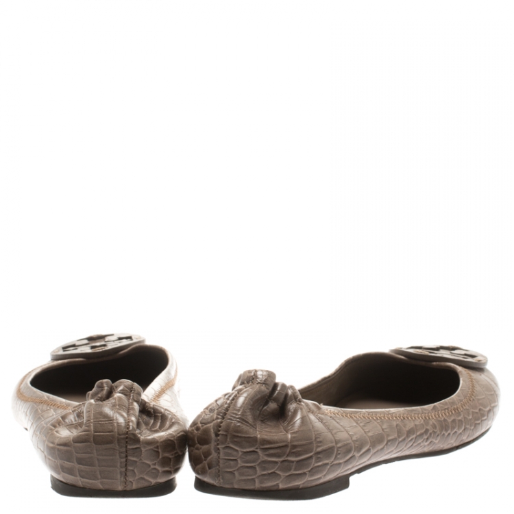 Pre Owned Tory Burch Beige Croc Embossed Leather Reva Scrunch Ballet Flats Size 39.5