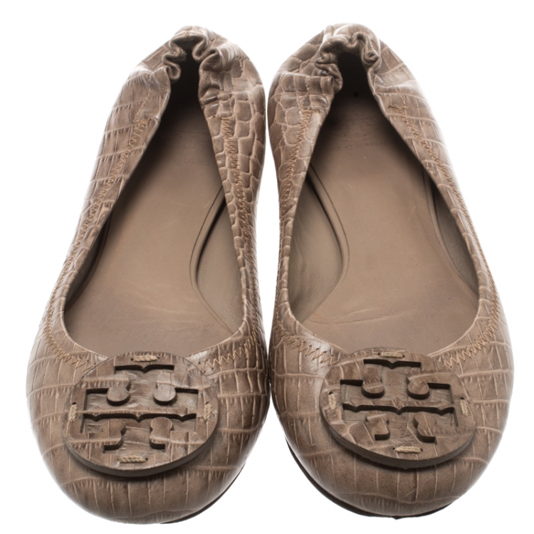 Pre Owned Tory Burch Beige Croc Embossed Leather Reva Scrunch Ballet Flats Size 39.5