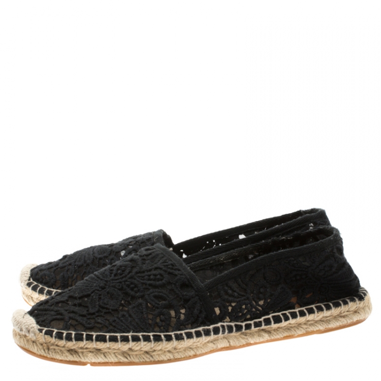 Pre Owned Tory Burch Black Cotton Lace And Mesh Jackie Espadrilles Size 39.5