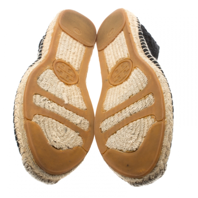 Pre Owned Tory Burch Black Cotton Lace And Mesh Jackie Espadrilles Size 39.5