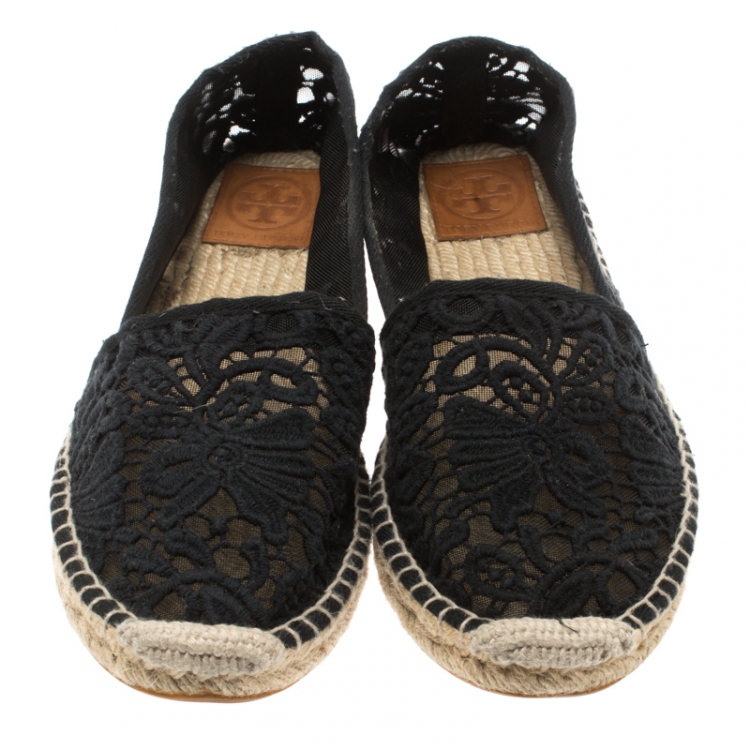 Pre Owned Tory Burch Black Cotton Lace And Mesh Jackie Espadrilles Size 39.5