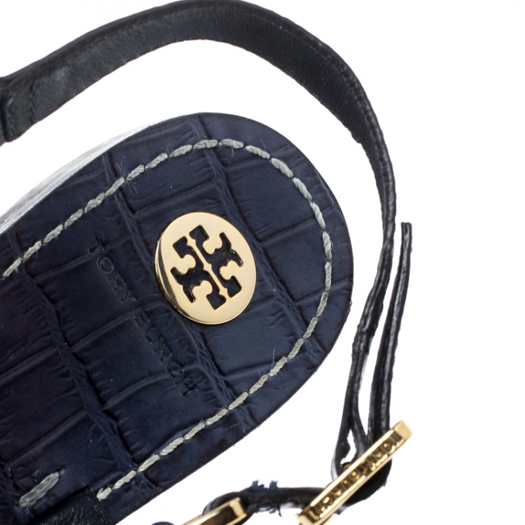 Pre Owned Tory Burch Navy Blue Croc Embossed Leather Trent Flat Thong Sandals Size 40