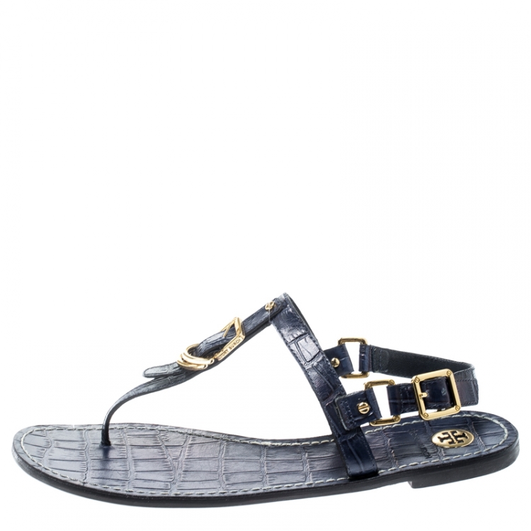 Pre Owned Tory Burch Navy Blue Croc Embossed Leather Trent Flat Thong Sandals Size 40