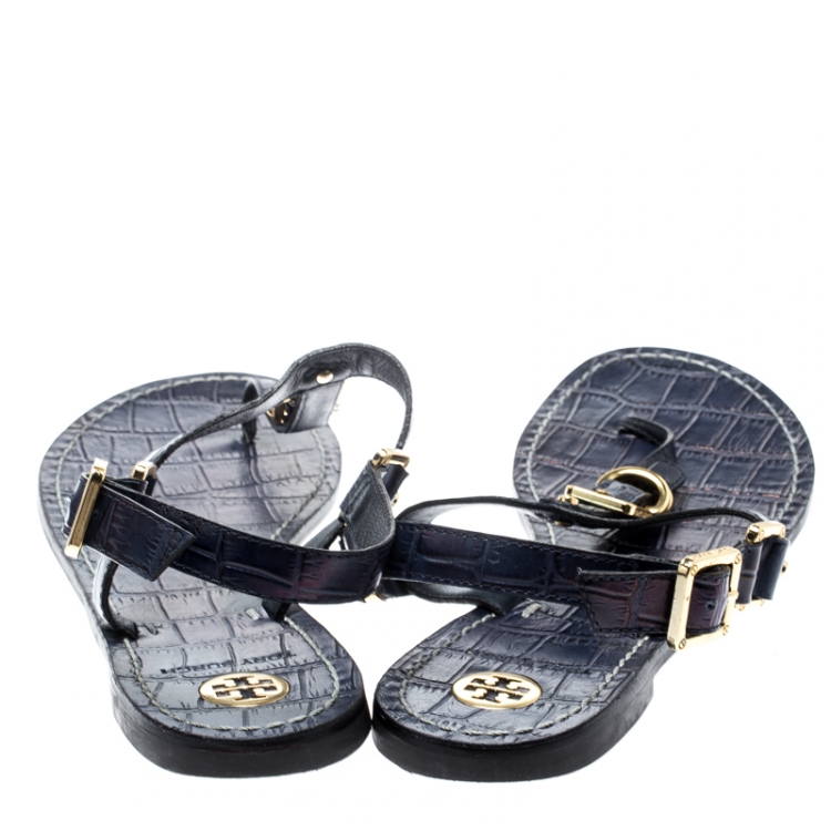 Pre Owned Tory Burch Navy Blue Croc Embossed Leather Trent Flat Thong Sandals Size 40