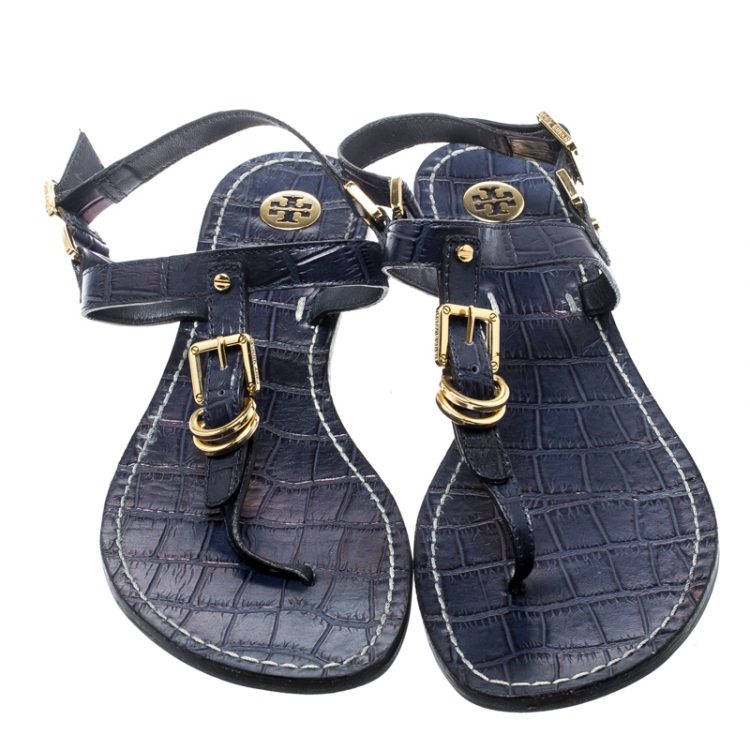 Pre Owned Tory Burch Navy Blue Croc Embossed Leather Trent Flat Thong Sandals Size 40