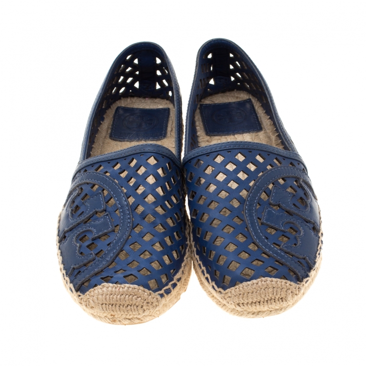 Pre Owned Tory Burch Blue Laser Cut Leather Logo Thatched Espadrille Flats Size 37