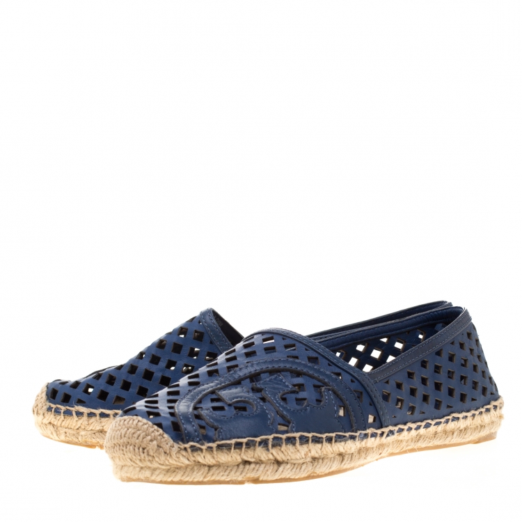 Pre Owned Tory Burch Blue Laser Cut Leather Logo Thatched Espadrille Flats Size 37