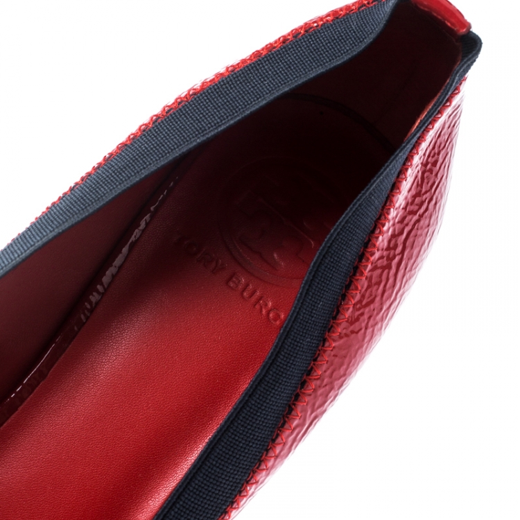 Pre Owned Tory Burch Red Patent Leather Caroline Scrunch Wedge Pumps Size 38