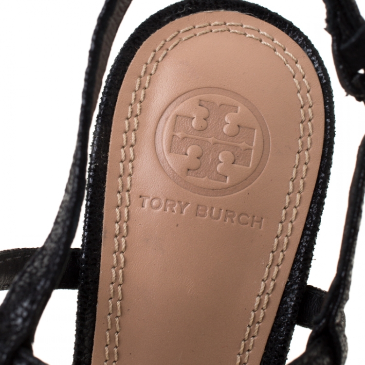 مملوكة مسبقًا Tory Burch Black Saffiano Leather Logo T Strap Sandals Size 37