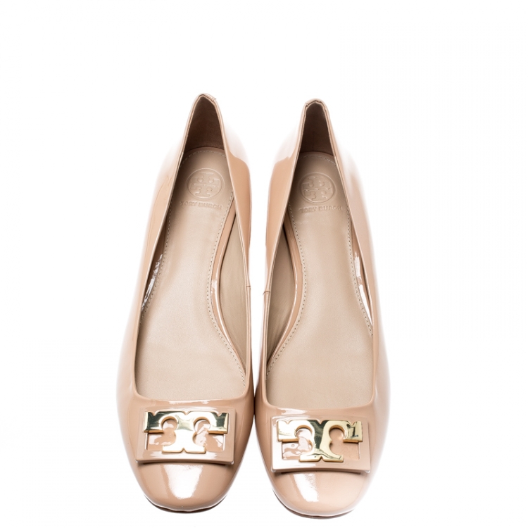 Pre Owned Tory Burch Beige Patent Leather Gigi Ballet Flats Size 39