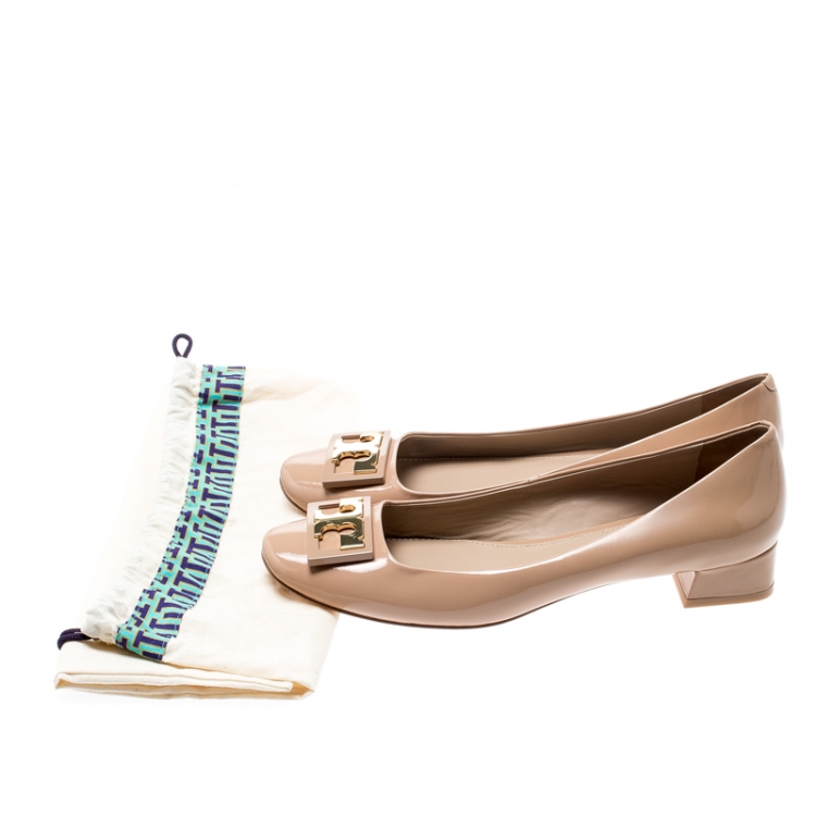Pre Owned Tory Burch Beige Patent Leather Gigi Ballet Flats Size 39