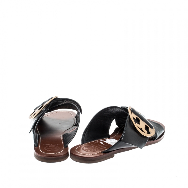 Pre Owned Tory Burch Black Leather Thame Logo Detail Criss Cross Sandals Size 39