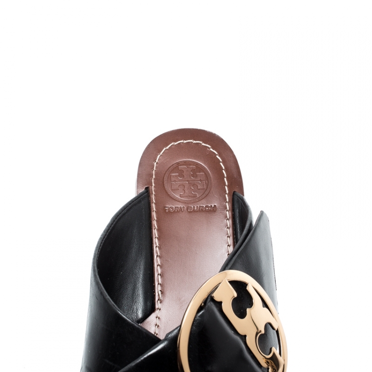 Pre Owned Tory Burch Black Leather Thame Logo Detail Criss Cross Sandals Size 39
