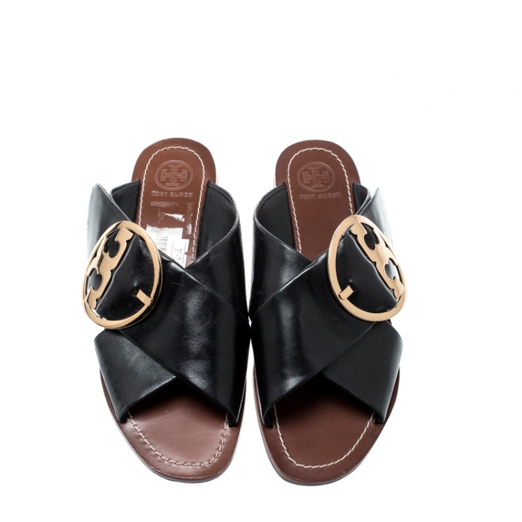 Pre Owned Tory Burch Black Leather Thame Logo Detail Criss Cross Sandals Size 39