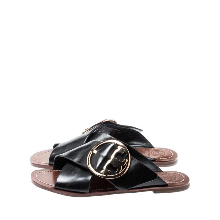 Pre Owned Tory Burch Black Leather Thame Logo Detail Criss Cross Sandals Size 39