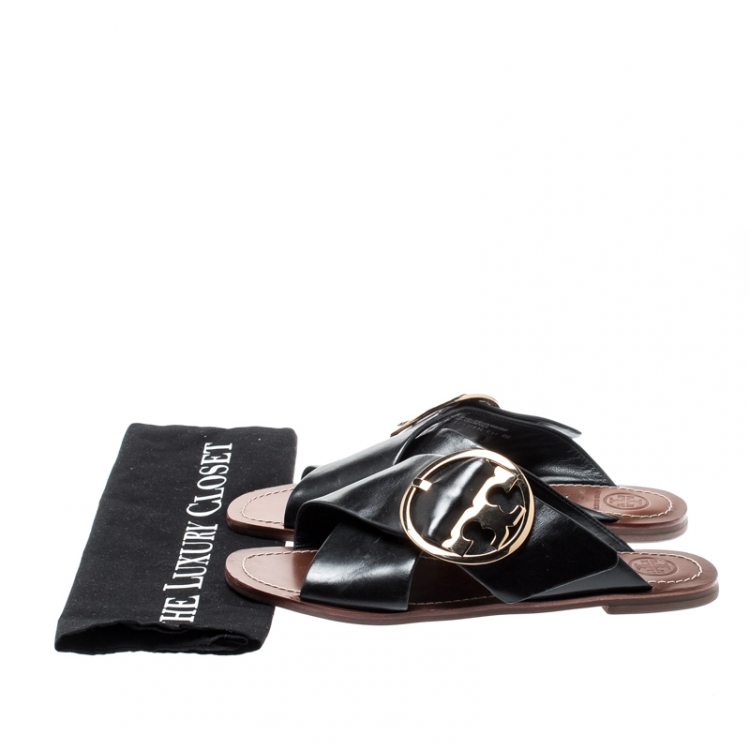Pre Owned Tory Burch Black Leather Thame Logo Detail Criss Cross Sandals Size 39