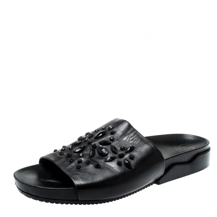 Pre Owned Tory Burch Black Leather Brae Crystal Embellished Slides Size 41
