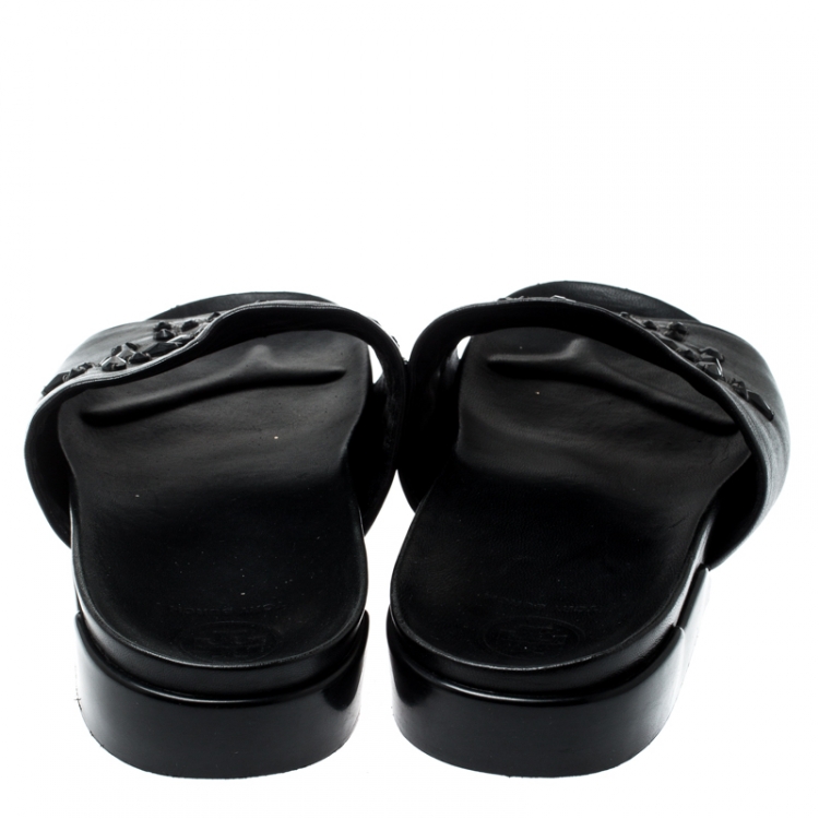 Pre Owned Tory Burch Black Leather Brae Crystal Embellished Slides Size 41