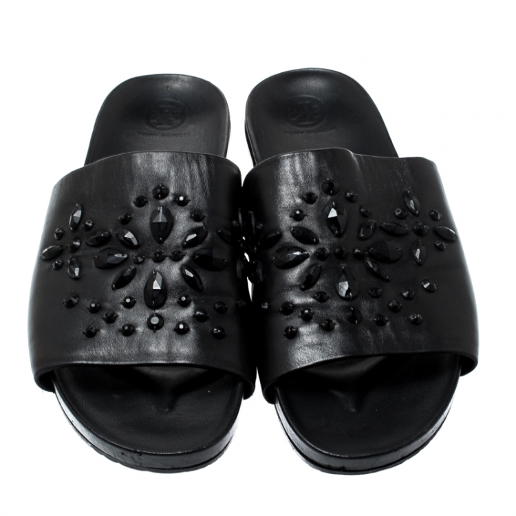 Pre Owned Tory Burch Black Leather Brae Crystal Embellished Slides Size 41