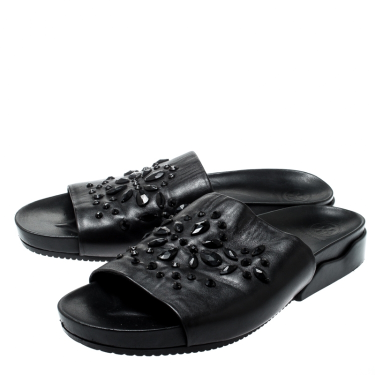 Pre Owned Tory Burch Black Leather Brae Crystal Embellished Slides Size 41