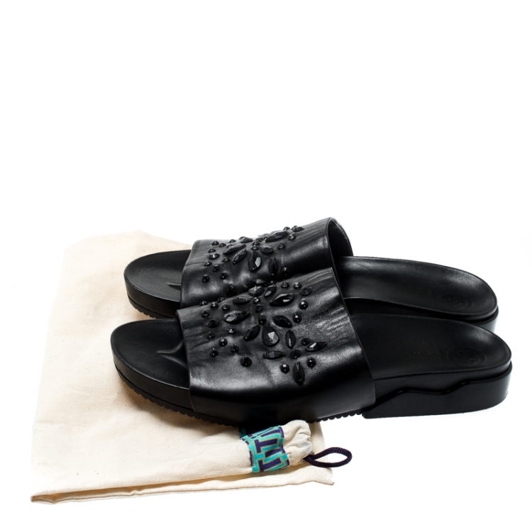 Pre Owned Tory Burch Black Leather Brae Crystal Embellished Slides Size 41