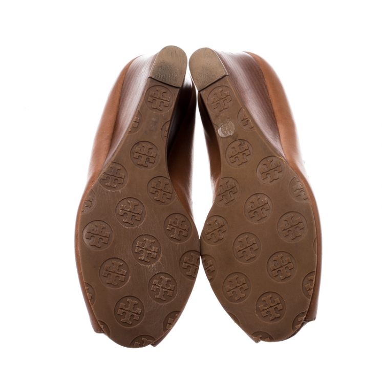 Pre Owned Tory Burch Brown Leather Sally Open Toe Pumps Size 37