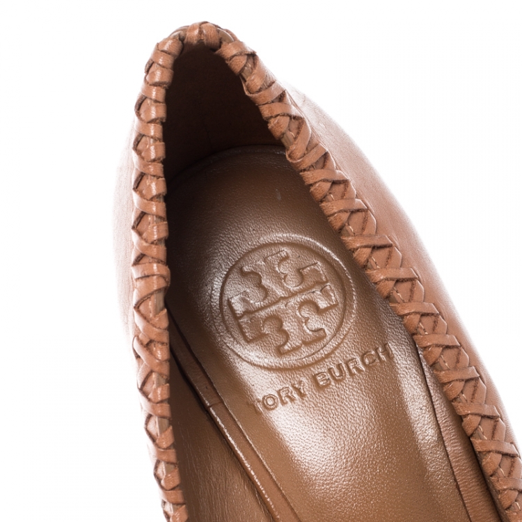 Pre Owned Tory Burch Brown Leather Sally Open Toe Pumps Size 37