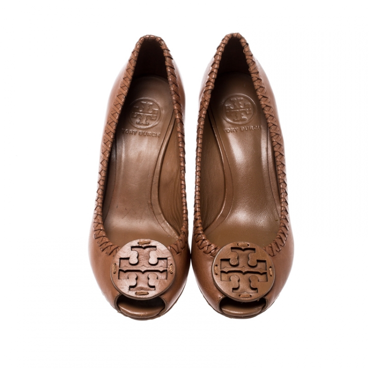Pre Owned Tory Burch Brown Leather Sally Open Toe Pumps Size 37