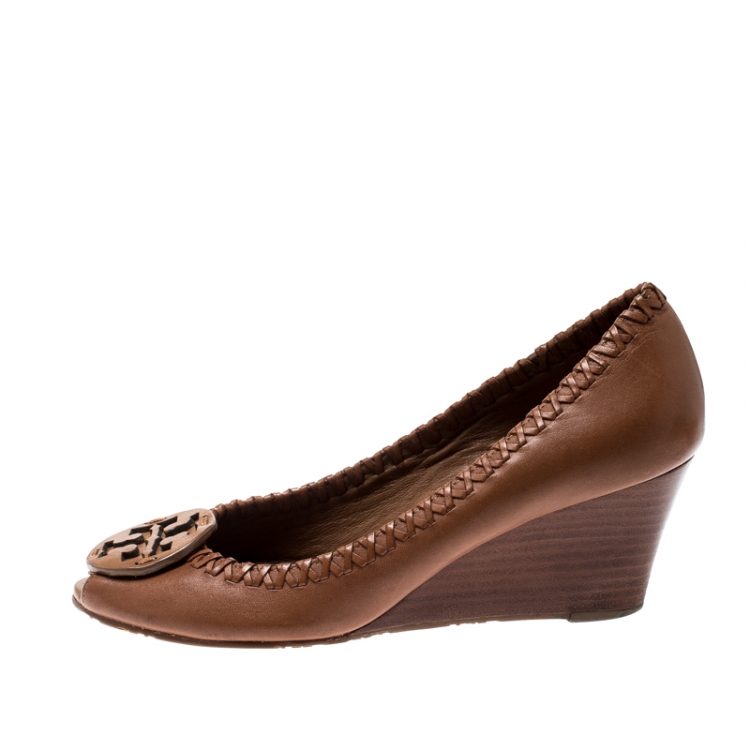 Pre Owned Tory Burch Brown Leather Sally Open Toe Pumps Size 37