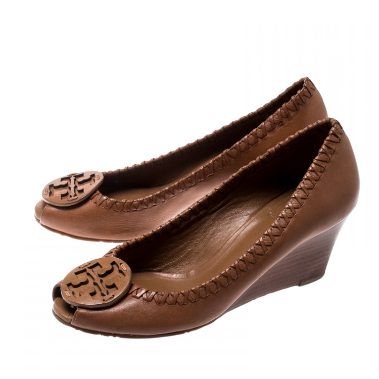 Pre Owned Tory Burch Brown Leather Sally Open Toe Pumps Size 37