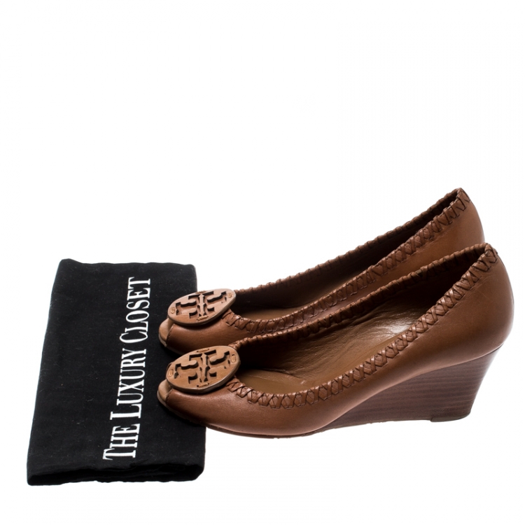 Pre Owned Tory Burch Brown Leather Sally Open Toe Pumps Size 37