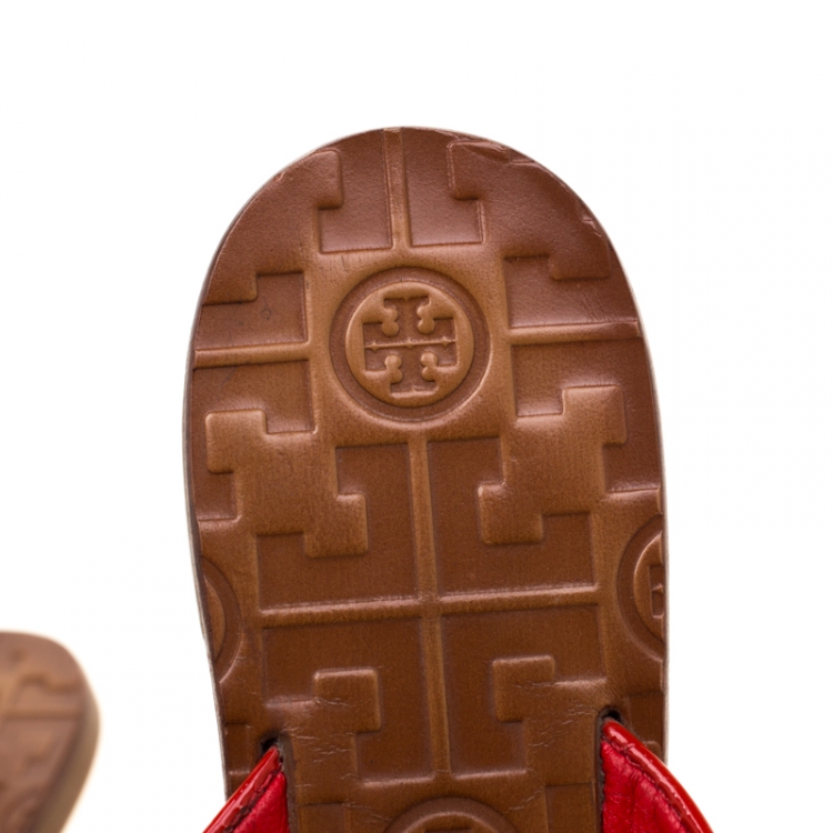 Pre Owned Tory Burch Red Patent Leather Thora Thong Flats Size 37